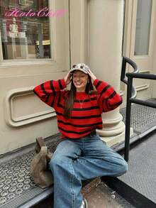 Christmas HoloChill Women Young Influencer Casual Style Colorblock Striped Crew Neck Pullover Knit Sweater, Autumn/Winter 2025 New Year