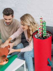 1pc Oxford Cloth Christmas Gift Packaging Storage Bag, Red Wrapping Paper Storage Bag With Green Handle, Easy To Carry Cylindrical Container - Red - View 2