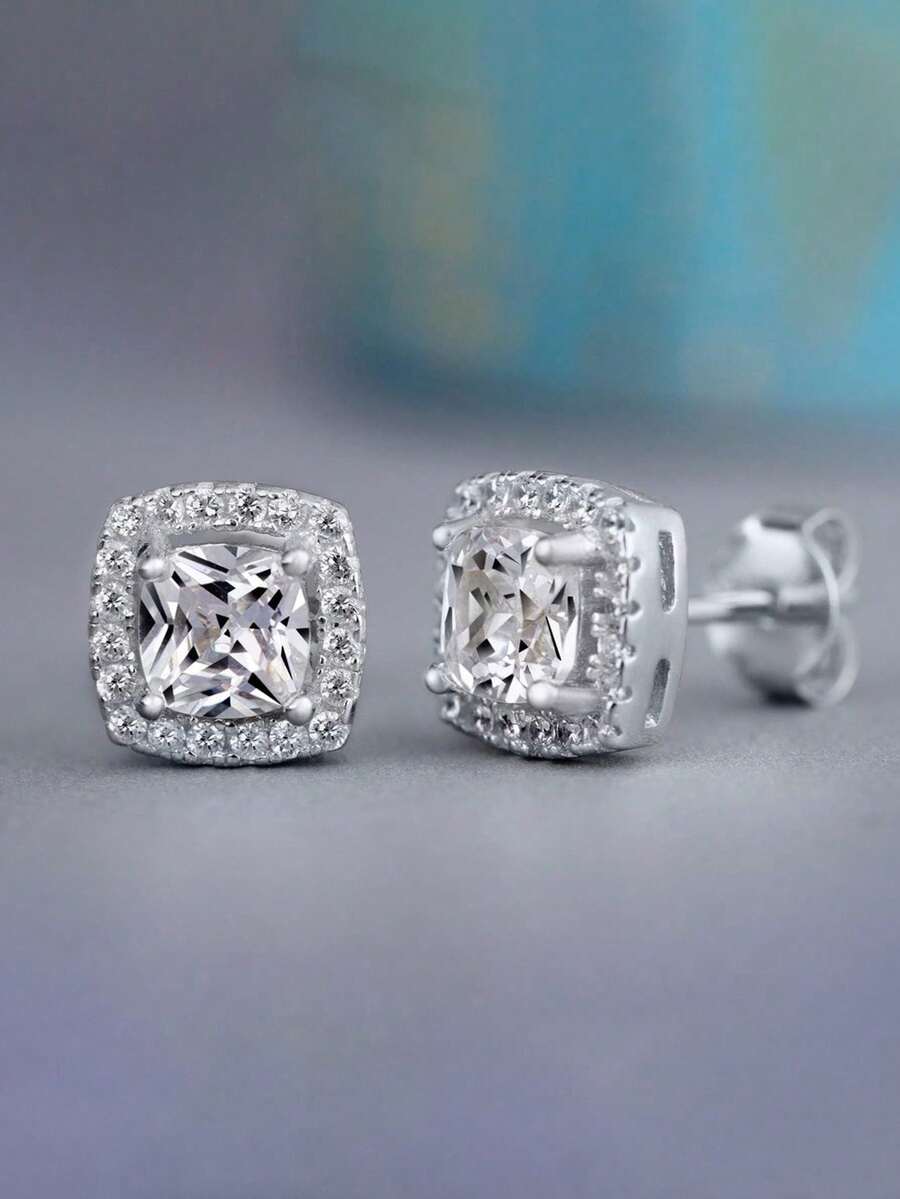 1 Pair Fashion 925 Sterling Silver Cubic Zirconia Stud Earrings Wedding Anniversary Ear Jewelry For Women Gift Fine Jewelry