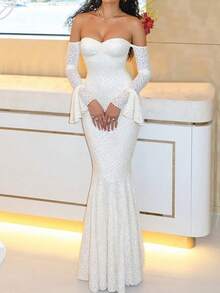 Women's Elegant Off Shoulder Backless Fitted Dress With Flare Sleeves