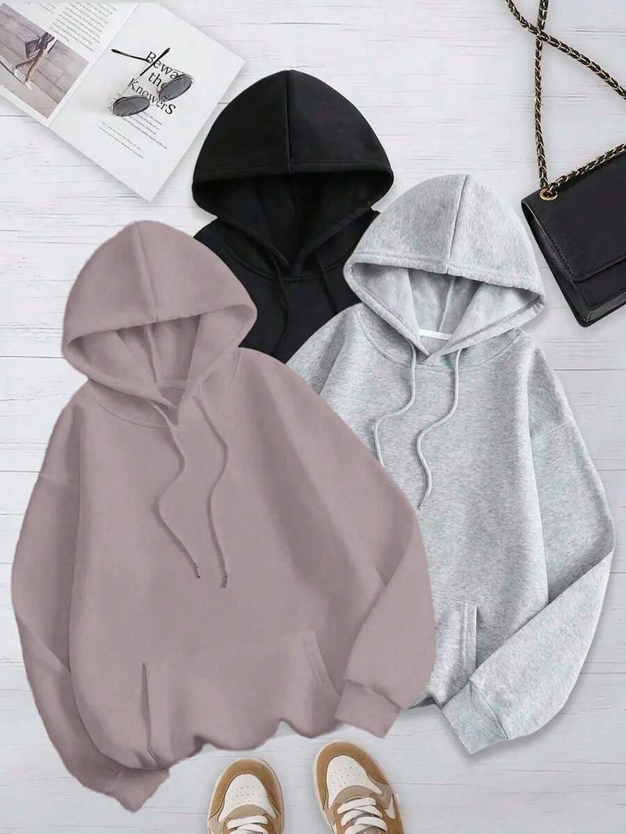 Set 3 sudaderas lisas de dama con capucha y bolsillo al frente - Multicolor 4 beige - Ver 1