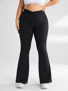 Plus Size Women's Autumn/Winter Sports Flare Pants, V-Shaped Criss-Cross Waistband, High Waist Slim Fit Solid Color Elastic Yoga Pants, Soft & Comfortable, Fashion Minimalist Casual Trousers Black - Black - View 4