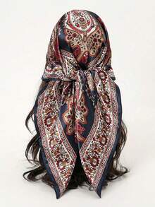 1 件女士时尚 90 厘米方形围巾，印花头巾，春夏，豹纹链条缎面头巾 - 藏青色 - 查看 2