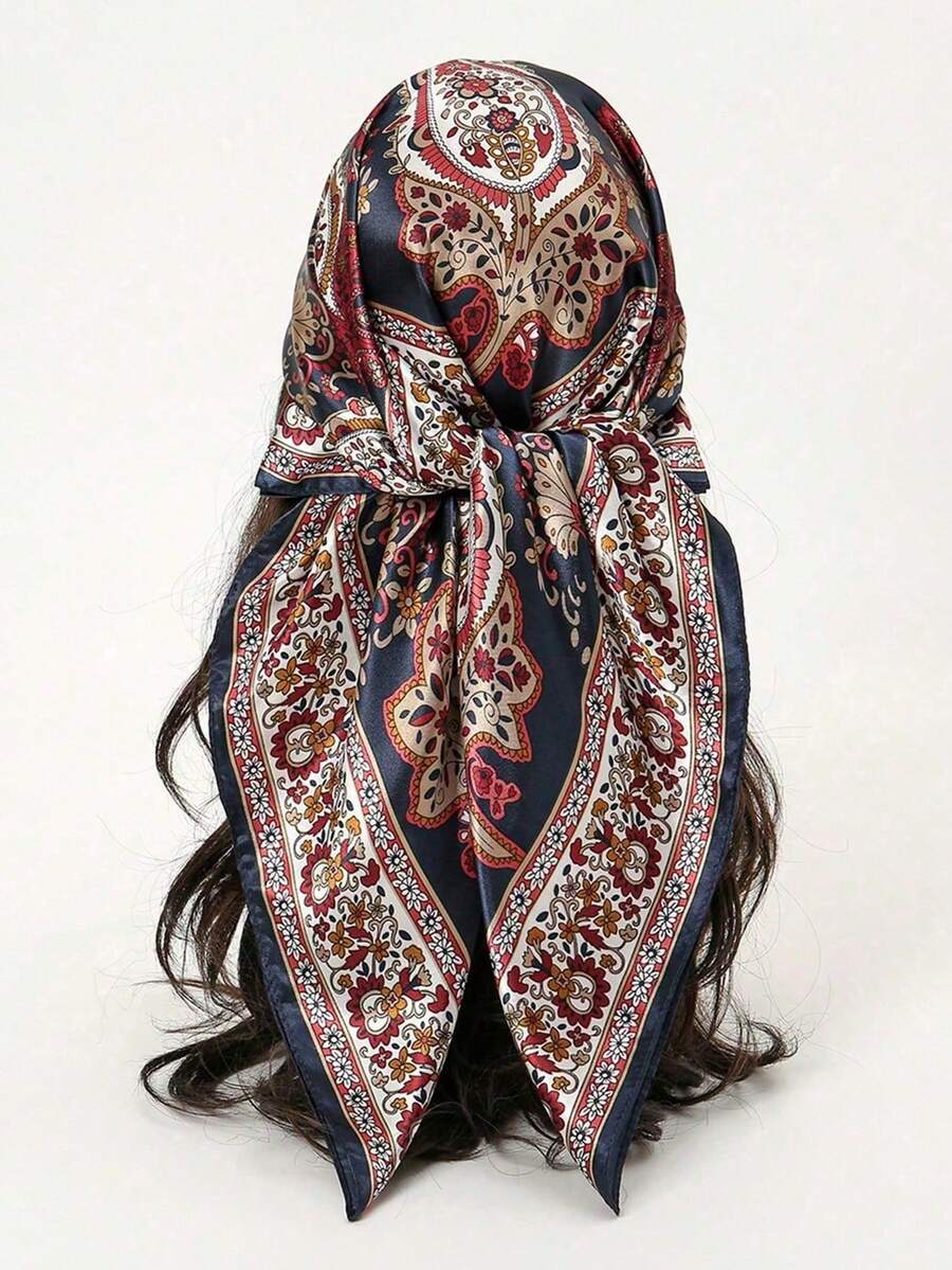 1 件女士时尚 90 厘米方形围巾，印花头巾，春夏，豹纹链条缎面头巾