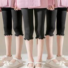 Bộ 3 chiếc quần legging lửng màu trơn có bèo nhún cho trẻ em, có chun co giãn. - màu đen - Xem 7