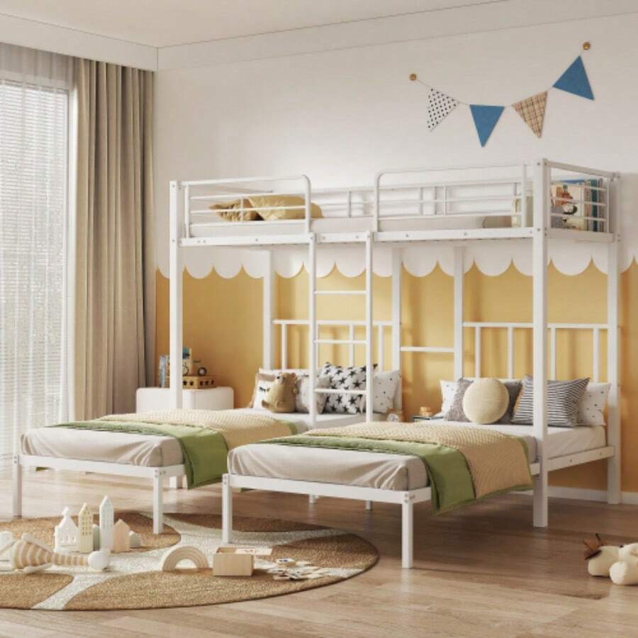 Triple Bed, Triple Bunk Bed For Teenagers With Ladder, Iron Bed With Safety Rail And Table, White 90x200cm*3 - White - View 1