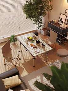 Nuevo juego de mesa y silla de camping plegable de alta calidad (incluye 4 sillas), mesa plegable para mercado nocturno al aire libre, mesa de comedor simple portátil, mesa pequeña portátil de aleación de aluminio de aprendizaje multifuncional - Beis - Ver 5