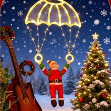 1个圣诞老人降落伞灯，创意圣诞老人降落伞造型，USB供电，多种照明模式，适合冬季和圣诞节装饰，可用于圣诞树、客厅、卧室、餐厅玻璃和墙面装饰。