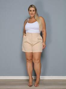 Women's Plus Size Shorts With Button Launch - 米色 - 查看 2