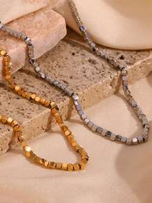 1pc Stainless Steel Square Beaded Necklace, Fashionable Gold Color, Suitable As A Gift - necklace - View 5