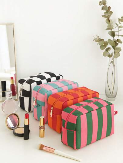1pc Striped Canvas Makeup Bag With Top Handle, Travel Toiletry Organizer For Women – Minimalist Cosmetic Pouch For Bathroom Or Suitcase Use Make Up Bag