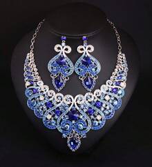 3PCS New Luxury Heavy Craft Fashion Necklace And Earring Set, Very Tasteful Women's Dress Banquet Exquisite Jewelry Accessories - 10-2006 Xanh lam - Xem 1