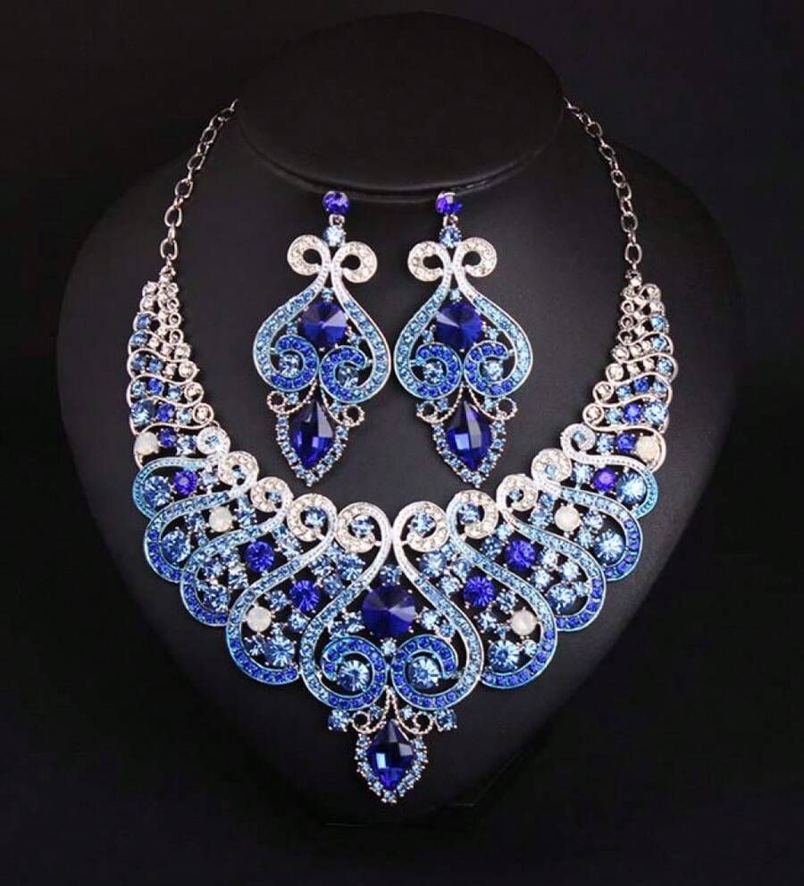 3PCS New Luxury Heavy Craft Fashion Necklace And Earring Set, Very Tasteful Women's Dress Banquet Exquisite Jewelry Accessories - 10-2006 Xanh lam - Xem 1