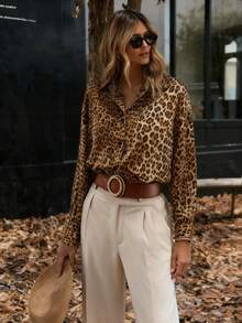 Women's Elegant Leopard Print Full Body Button Down Long Sleeve Casual Shirt, Autumn Middle Eastern Style Casual And Formal Leopard Print Shirt - Yellow - View 6