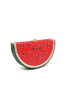 Blingbling 西瓜形水晶手包全金属水钻晚宴包水果设计师钱包手提包适合新娘婚礼派对和舞会活动，适合送给她的圣诞礼物 - 紅色 - 查看 3