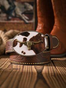 1pc Western Cowboy Style Bull Head Buckle Leather Belt, Fashion PU Material Unisex Retro Belts, 4 Colors Available - Ox - View 15