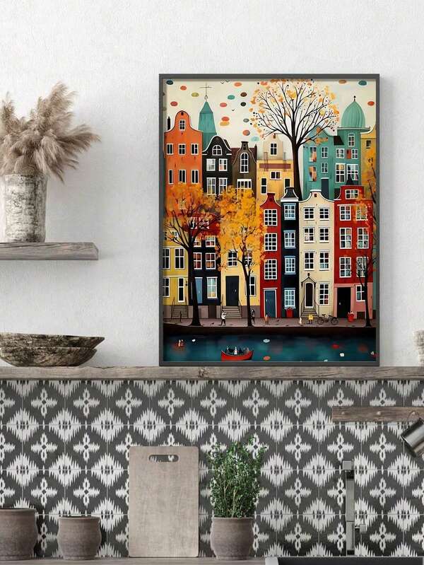 1pc Painting Colorful House, Fashionable Canvas Art Printing - The Perfect Choice For Living Room And Bedroom Decoration, The Ideal Gift For Any Occasion, Frameless