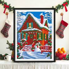 Christmas Gift DIY Cross Stitch Kit - Cozy Christmas Red House In Snow, 11CT Beginner Friendly, Home Decor Wall Art Material Set