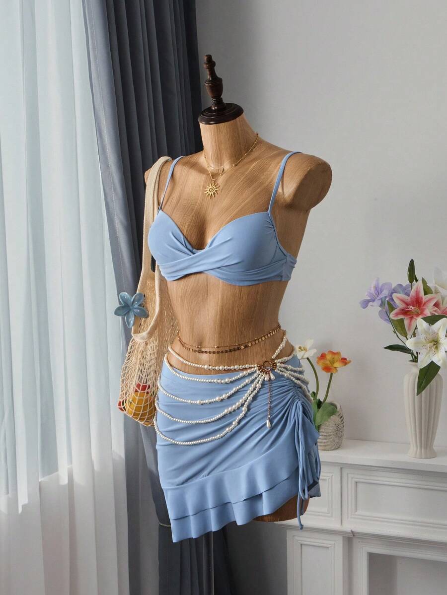 Bellisia 女式性感纯色比基尼套装，胸部交叉，带钢圈，3 件套，含罩衫和裙子，夏季 - 藍色 - 查看 1