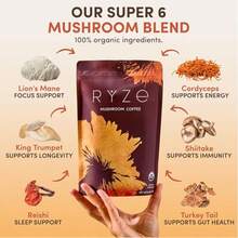 Mushroom Coffee USDA Organic With 6 Adaptogenic Mushrooms And MCT Oil, USA Grown Instant Coffee For Better Energy, Focus, Digestion, Immunity With Lions Mane & Turkey Tail, 30 Servings - 咖啡色1 - 查看 3