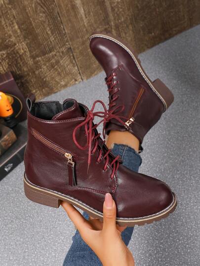 Fall/Winter Women's Lace-Up Side Zipper Fashion Ankle Boots, Rubber Flat Sole Comfortable , Single-Layer Lining Breathable, Smooth Leather Surface Easy To Maintain, Lace-Up Design Adjustable Tightness, Side Zipper For Easy On/Off. Versatile Retro Casual Style Suitable For Various Outfits.