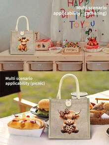 Bolso de mano con estampado de vaca de las tierras altas con lazo lindo, adecuado para compras y tomar fotos, bolso de lino, esencial de bolso de viaje, bolso de gran capacidad, bolso de compras, bolsa de almuerzo, bolso cruzado, etc., adecuado para mujeres, uso diario, citas, ocasiones especiales, vuelta al colegio, vacaciones, viajes, ir al trabajo, estudiantes, picnics, camping, supermercados, almacenamiento diario, regalos de Navidad, complementos de otoño e invierno, regalos perfectos de otoño