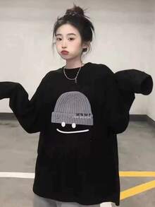 女士宽松卡通印花长袖T恤，适合春秋季休闲穿着，黑色 - 黑色 - 查看 4