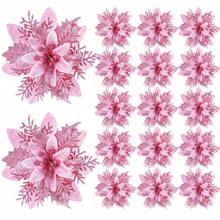 1/10/20/30pcs Pink Glitter Poinsettia Christmas Tree Decorations - Artificial Poinsettia Roses, Suitable For Holiday Wreath Decorations, Photo Background Decorations, Christmas And New Year Holiday Decorations, Christmas Tree Window Decorations, Room Background Decorations Home Decor Christmas Decorations Room Decor