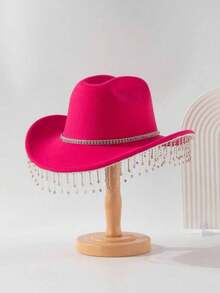 1 Stück Damen Mode Filzhut, dekoriert mit Kristall Strass Kette Gürtel, geeignet für Bankette, Jazz-Partys, Hochzeiten, Western-Themen-Partys, Unisex