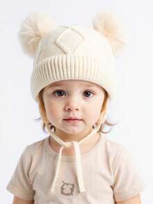 1 件纯色菱形图案婴儿钩针帽带绒球，秋冬幼儿男童女童日常休闲防寒保暖帽带耳帽 - 彩色 - 查看 8