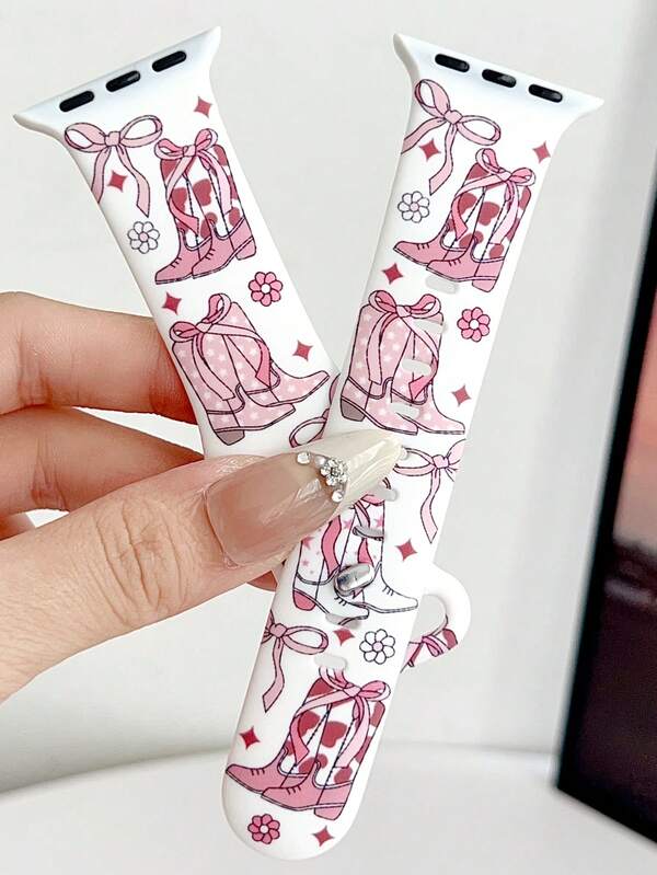 1pc Western Cowboy Style Pink Boots With Printed Silicone Strap Compatible With Apple Watch Band 38mm 40mm 41mm 42mm 44mm 45mm 49mm (S10 42 )Mm (S10 46)Mm,Soft And Comfortable Replaceable Sports Band Compatible With Iwatch Series 11 Ultra 3 SE3 Ultra 2 S10 SE2 9 8 7 SE 6 5 4 3 2 1, Women Watchbands, Smart Watch Strap/Band, Unique Personalized And Style Valentines