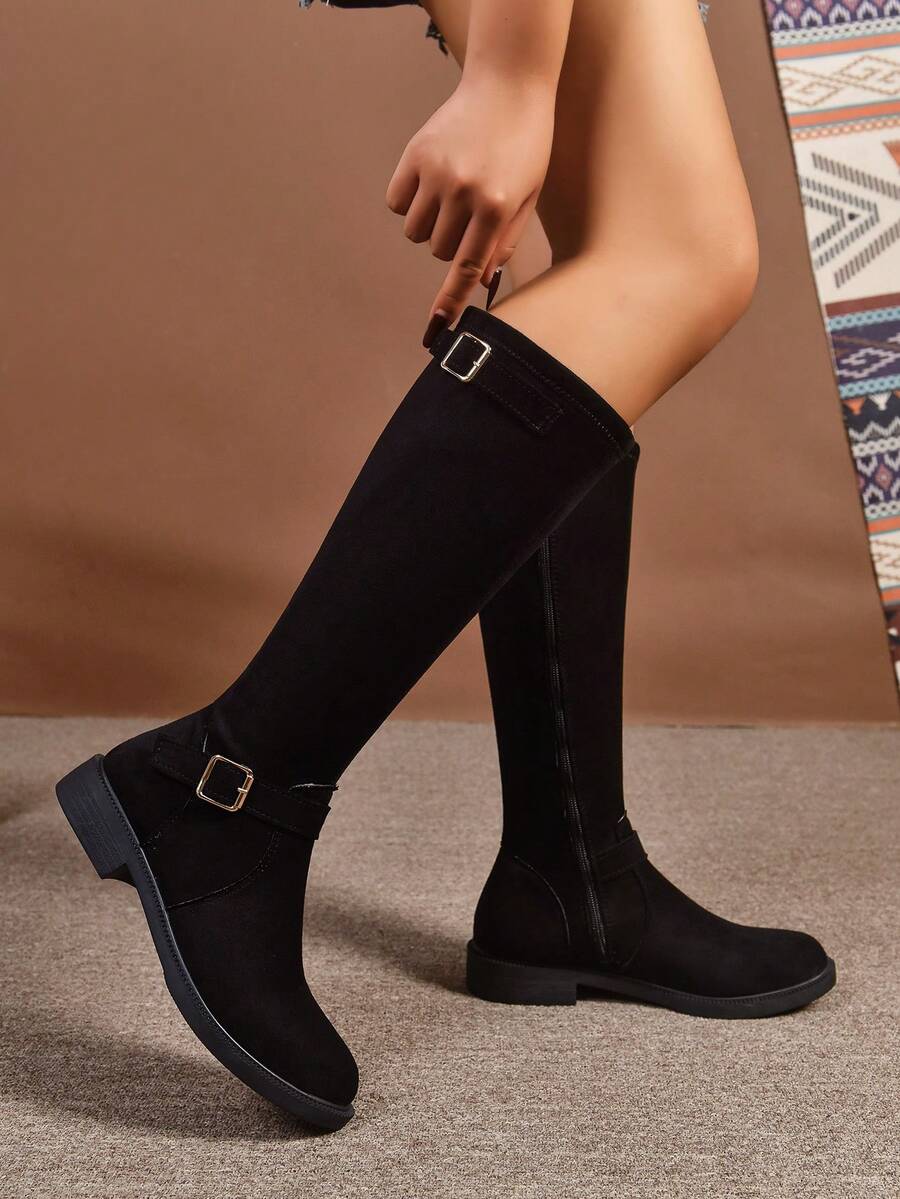 秋冬女士过膝长靴，时尚黑色侧拉链机车靴，过膝骑行靴。适合日常穿着、参加派对、时装秀，中筒靴，过膝靴，日常鞋履。