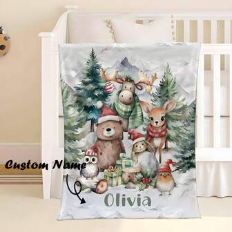 Custom Christmas Nursery Blanket Woodland Animals Blanket Xmas Baby Blanket Winter Holiday Christmas Gift Custom Baby Shower Gift Kids Name Throw