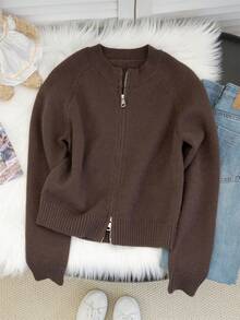 保暖外套，双面拉链女士针织开衫毛衣，适合秋冬季节和开学季 - 咖啡色 - 查看 5