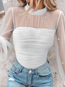 ChicMe Women's Pearl Decor High Neck Sheer Mesh Patchwork Ruffle Lantern Sleeve T-Shirt, Backless Fitted Textured Blouse, Casual Office Street Style