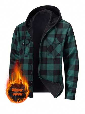 1pc Plaid Lined Hooded Casual Business Button-Up Long Sleeve Thermal Lined Shirt Jacket, Warm For Men In Winter