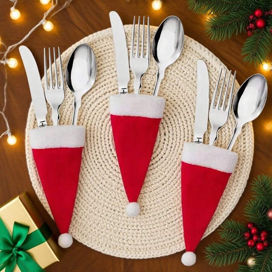 10 piezas de 6cm x 12cm Fundas rojas de felpa para cuchillo y tenedor de Papá Noel, decoración de mesa festiva para Navidad, accesorios de cocina y comedor para todo el año