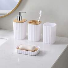 4 pièces Ensemble d'accessoires de salle de bain moderne, organisateur de plan de travail de vanité blanc et en bambou avec distributeur de savon, porte-brosse à dents, gobelet et porte-savon, décoration essentielle pour la maison et le dortoir