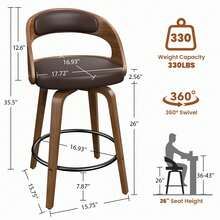 GIKPAL Swivel Bar Stools Set Of 2, 26" Counter Height Bar Stools With Bentwood Legs And Back, Mid-Century Modern PU Leather Upholstered Bar Chair For Kitchen Island, Bar, Restaurant, Brown - Brown-2pcs - View 7