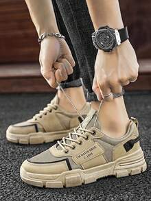 Zapatillas deportivas de malla con bloques de color para hombre, con una estructura transpirable y ligera. Zapatillas de tenis informales para hombre. Zapatos de trabajo antideslizantes y resistentes. Zapatillas de skate informales. Diseño con cordones y puntera redondeada. - Marrón - Ver 5