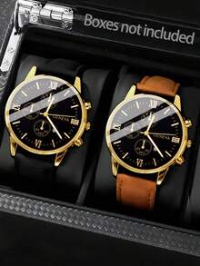 4pcs/Set Men's Business Casual Watch With Calendar, PU Leather & Alloy Strap, Gold/Silver Case, Suitable For Daily, Business, Birthday Party, Travel, Running