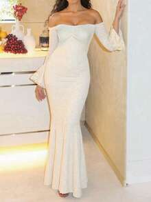 Women's Elegant Off Shoulder Backless Fitted Dress With Flare Sleeves