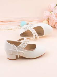 Zapatos de vestir con tacón grueso, decorados con lazo y perlas en estilo minimalista blanco, adecuados para ocasiones formales, fiestas, bodas, actuaciones, ballet, estilo princesa, para niñas pequeñas, niñas y niñas grandes