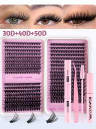 640 piezas Kit de extensión de pestañas, incluye racimos de pestañas 30D+40D+50D, racimos de pestañas D-8-16MIX, pegamento para pestañas, sellador, removedor