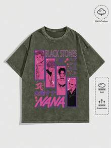 EWH Men's T-Shirt, Retro, "NANA - Black Stones" Anime Themed, Print, Pattern, Loose Fit, Short Sleeved, Top 004 - A - 軍綠色 - 查看 1