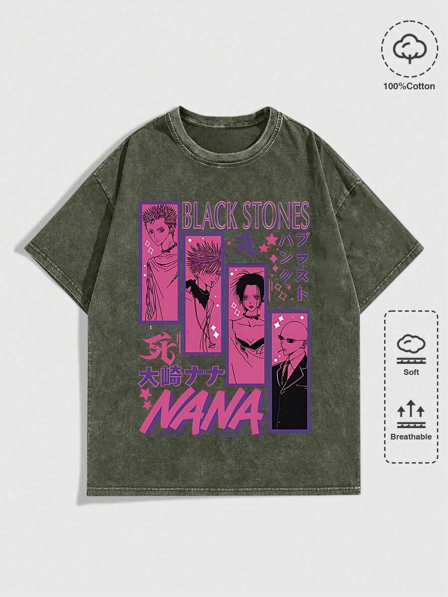 EWH Men's T-Shirt, Retro, "NANA - Black Stones" Anime Themed, Print, Pattern, Loose Fit, Short Sleeved, Top 004 - A - 軍綠色 - 查看 1