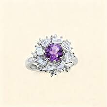 925 Silver Purple Crystal Snowflake Shaped Open Ring, Surrounded By Multi-Cut Diamonds, Luxurious And Elegant, Suitable For Weddings, Banquets, Dates, Concerts, Parties And Other Occasions