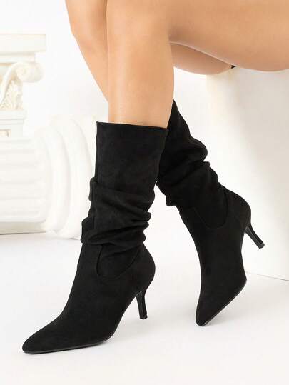 Fall/Winter New Women's Fashion Versatile Travel Solid Color Lightweight Durable Leather Western Boots, Wrinkled Comfortable Mid-Calf Boots For Any Occasion,Kitten Heels,Stiletto Heels