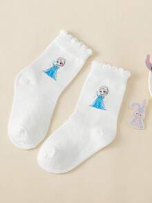 1/5 双儿童白色泡泡边公主中筒袜带蕾丝，学生中筒袜 - 白色 - 查看 4