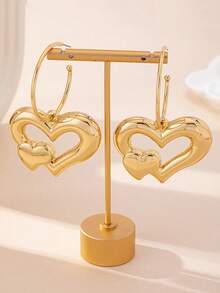 1 Đôi bông tai mặt dây chuyền hình trái tim rỗng tối giản bằng kim loại, phù hợp với trang phục hàng ngày và hẹn hò của nữ giới. - Vàng - Xem 6